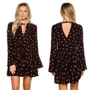 Free People - Tegan Black and Red Floral Print Long Sleeve Mini Dress